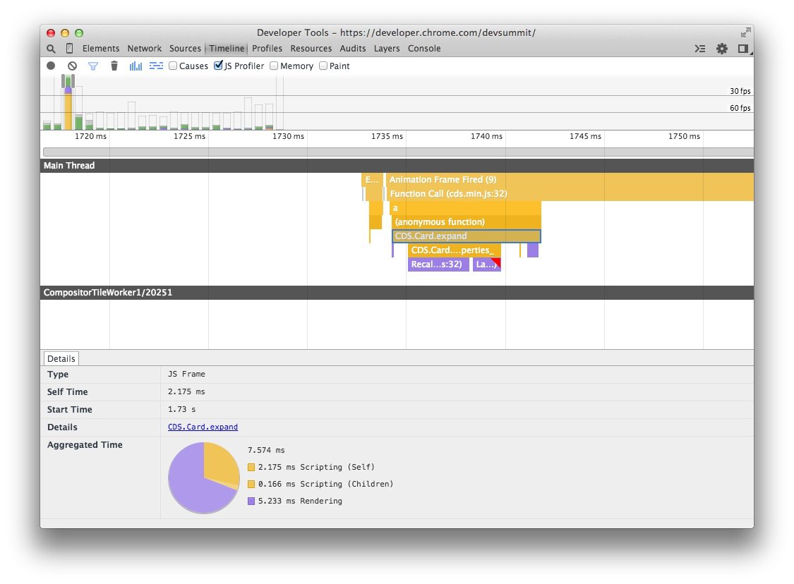 Chrome DevTools' Timeline providing high JS execution detail.