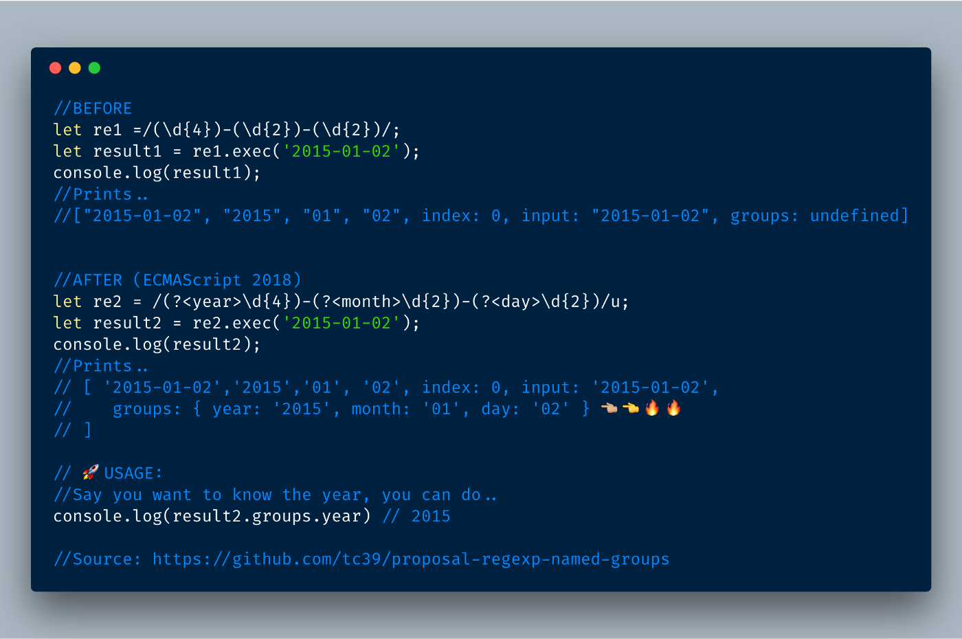 ECMAScript 2018?—?Regex named groups example