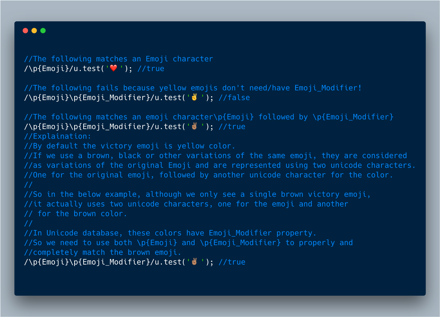 ECMAScript 2018?—?showing how \p can be used for various emojis
