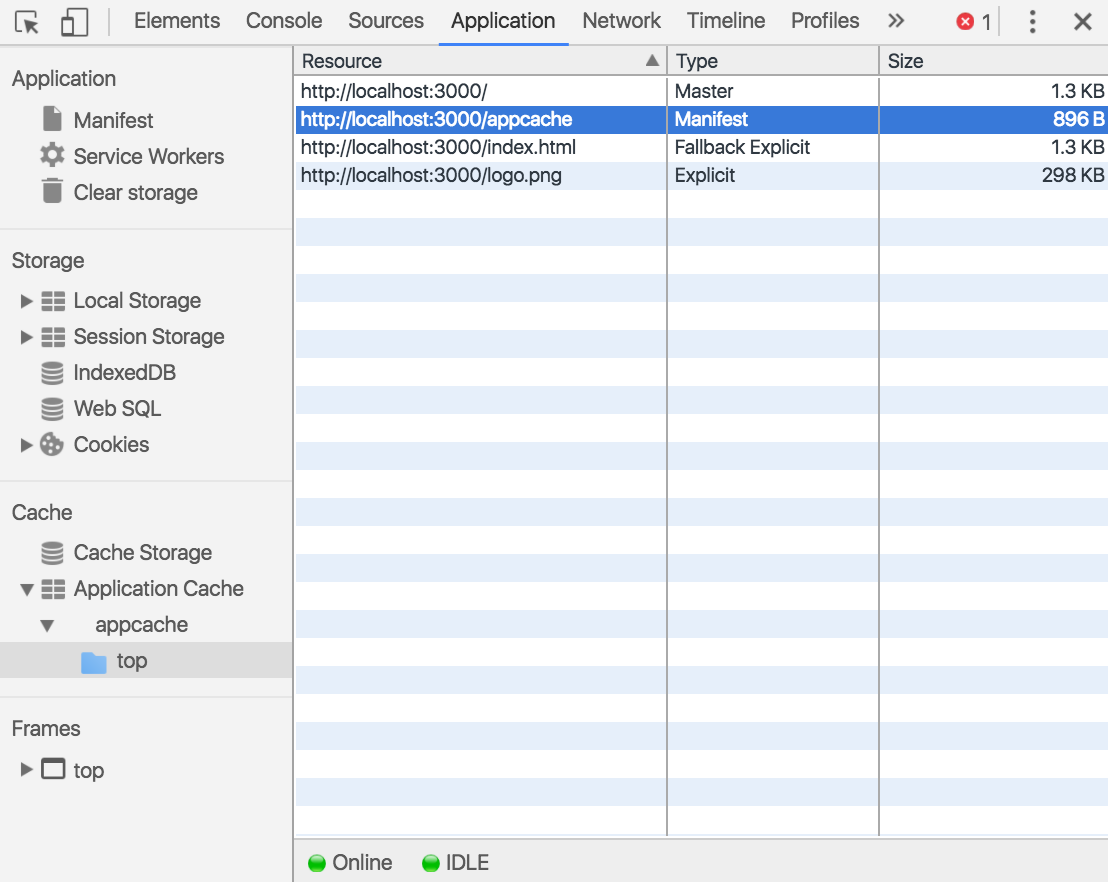 application cache pane