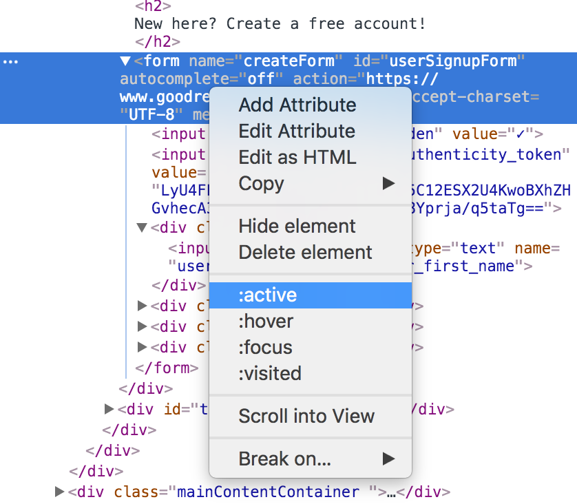 right-click on element to enable pseudoclass selector